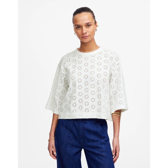 MADEWELL Embroidered Wide-Sleeve Boxy Tee XS White Crewneck Floral NWT B74 - Picture 1 of 7